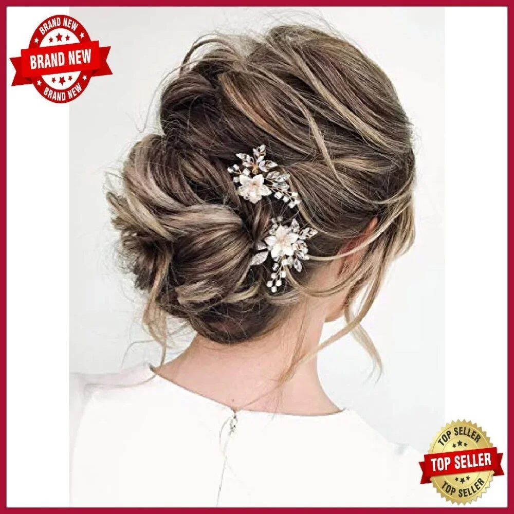 Handmade Wedding Hair Comb Set with Crystal Flowers and Gold Leaves